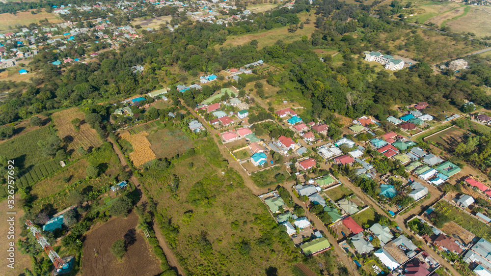aerial view of the rural area away from Arusha, Farming and people settlement.