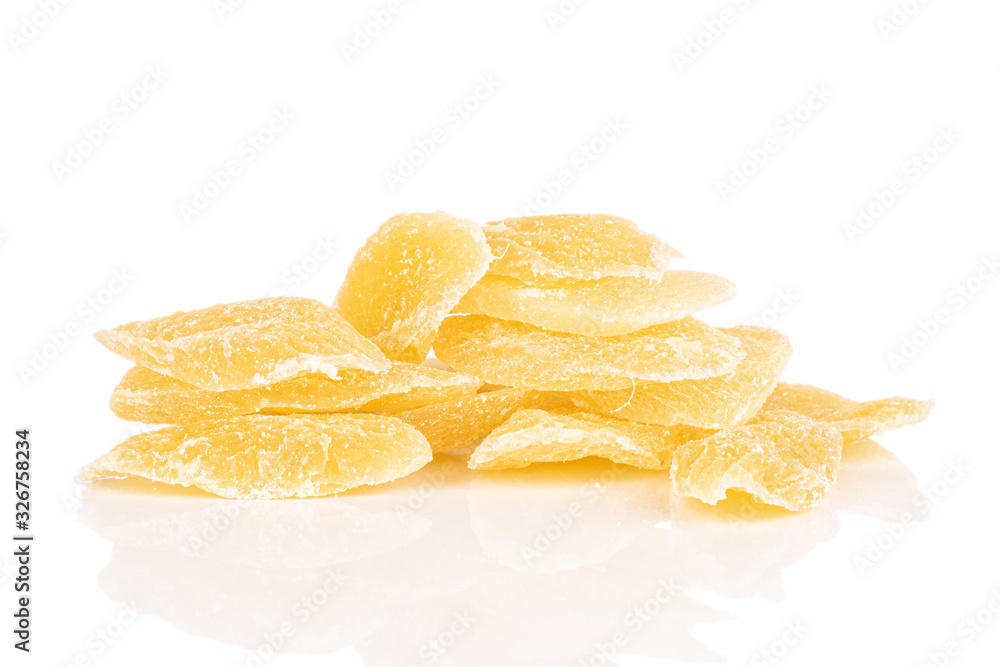 Lot of slices of dried yellow pineapple stack isolated on white background Lot of slices of dried yellow pineapple stack isolated on white background
