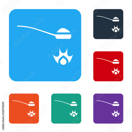 White Heroin in a spoon icon isolated on white background. Concept of drug addiction and dependence from the narcotic. Junkie lifestyle. Set icons in color square buttons. Vector Illustration