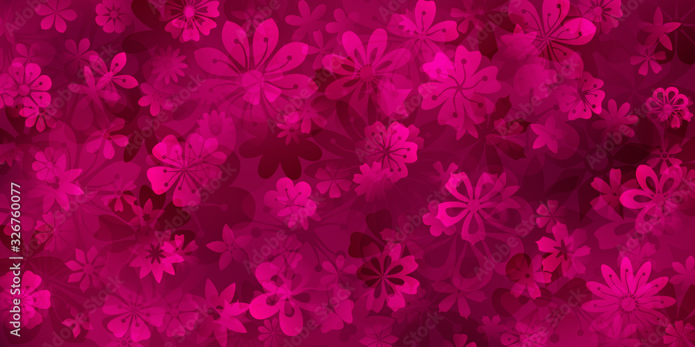 Spring background of various flowers in crimson colors