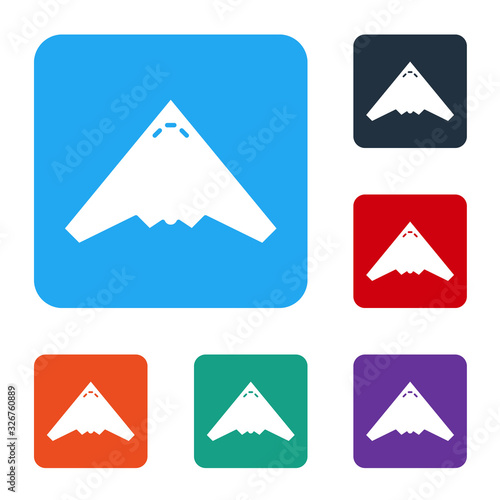 White Jet fighter icon isolated on white background. Military aircraft. Set icons in color square buttons. Vector Illustration