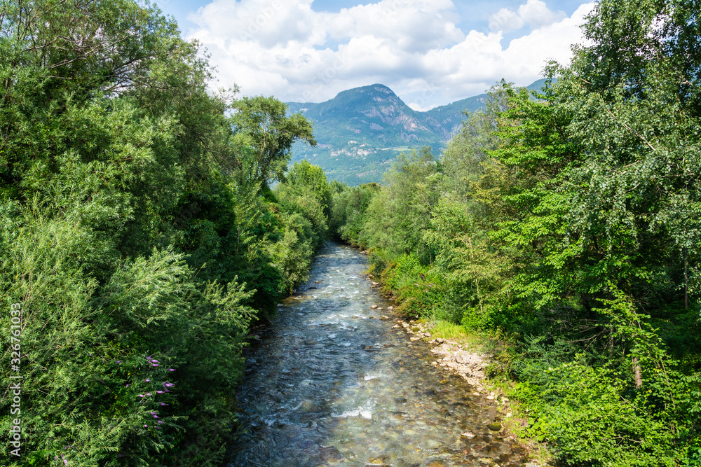 Mountain creek running in Lana municipality in South Tyrol, Italy.