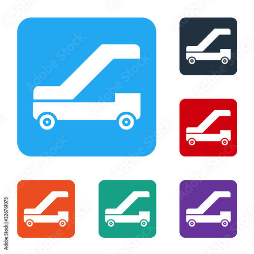 White Passenger ladder for plane boarding icon isolated on white background. Airport stair travel. Set icons in color square buttons. Vector Illustration