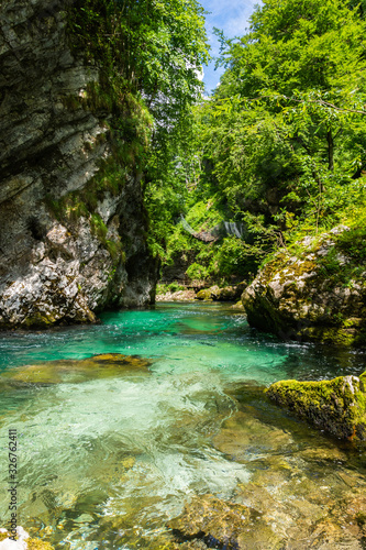 Landscape in Vintgar Gorge (Soteska Vintgar) near Bled town in Slovenia.