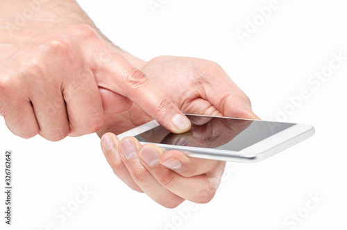 man hands touching a smart phone isolated