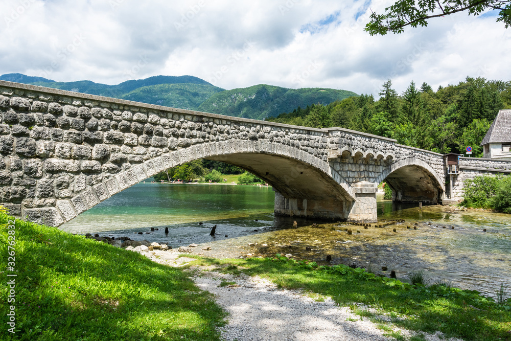 Bridge spanning Sava Bohinjka river in Slovenia
