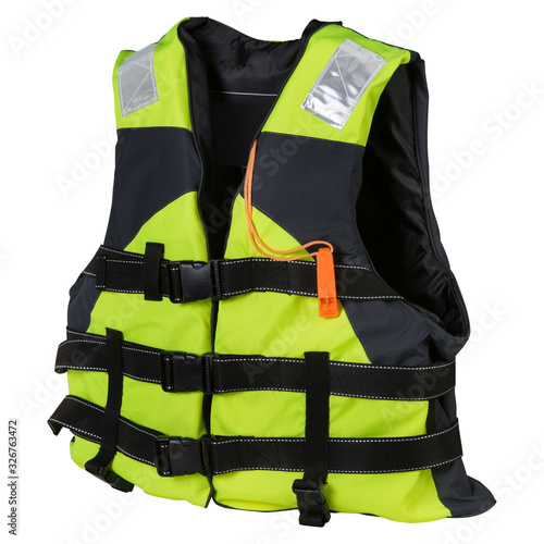 green life jacket with a whistle, on a white background, deployed half-sided, fastened