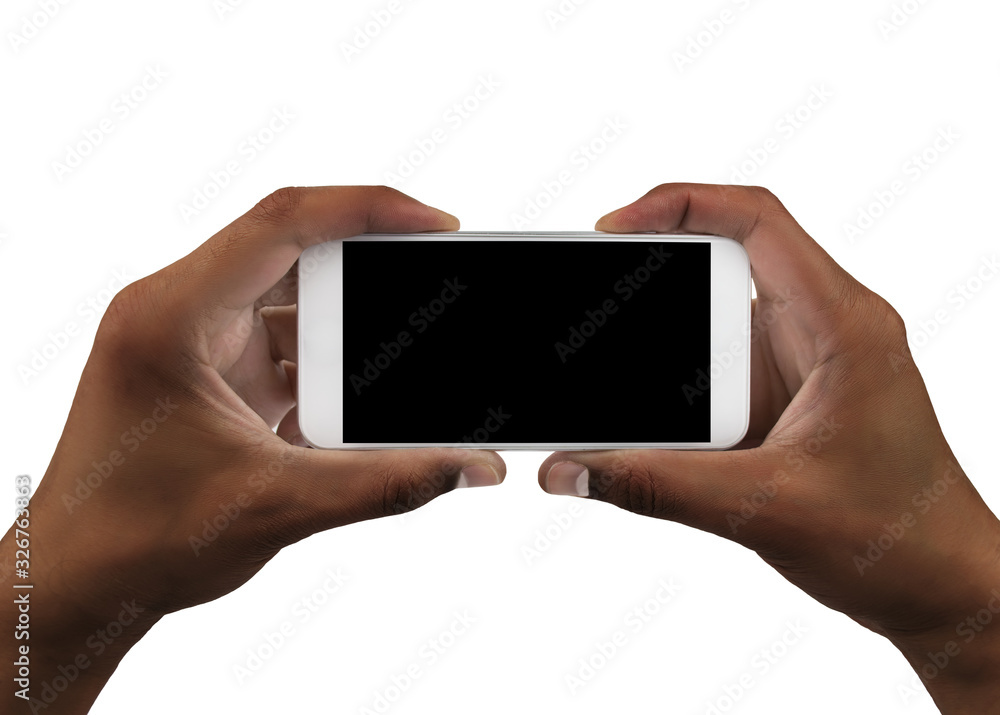 Hand holding a modern smart phone with white background.