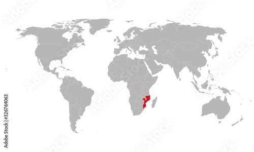 Mozambique highlighted blue on world map. African country. Perfect for business concepts, backgrounds, backdrop, poster, chart, banner, label, sticker and wallpapers.