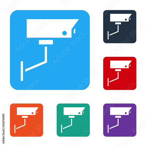 White Security camera icon isolated on white background. Set icons in color square buttons. Vector Illustration