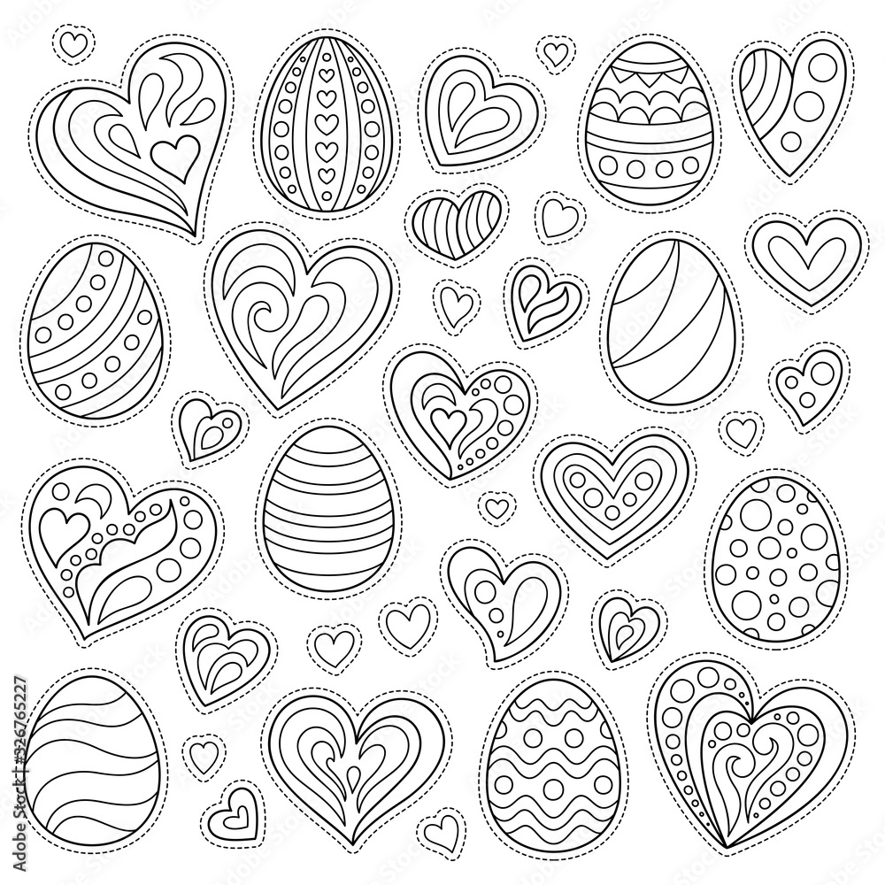 Set of Cartoon Contour Stickers Easter Eggs and Hearts, Isolated on White Background. Set of Cartoon Contour Stickers Easter Eggs and Hearts, Isolated on White Background.