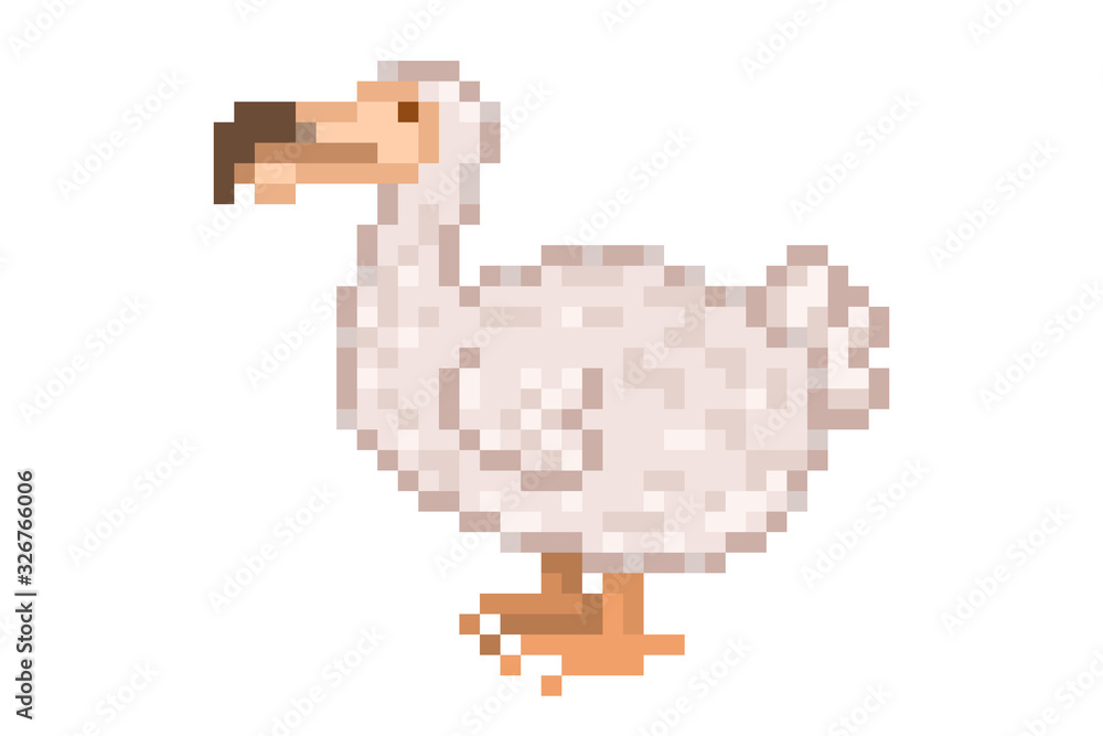 Dodo, extinct flightless bird, 8 bit pixel art icon isolated on white background. Old school vintage retro slot machine/video game graphics.