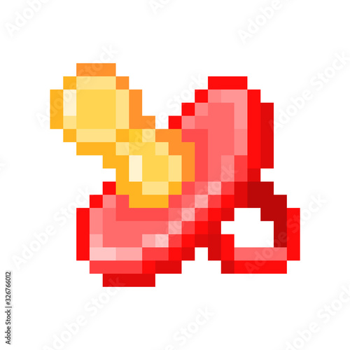 Red glossy heart-shaped lock with a golden key, pixel art icon isolated on white background. 8 bit fidelity, wedding, marriage, love symbol. Old school vintage retro slot machine/video game graphics.