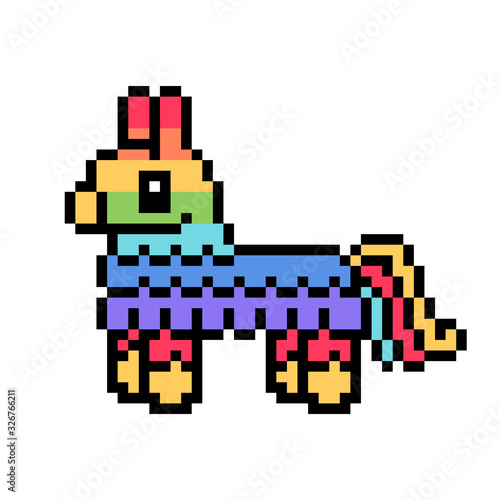 Rainbow donkey pinata, pixel art icon isolated on white background. 8 bit mexican party toy symbol. Old school vintage retro slot machine/video game graphics.