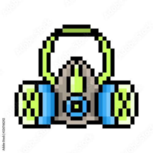 Respirator, pixel art icon isolated on white background. 8 bit health protection, anti virus, bacteria, dust, gas mask symbol. Old school vintage retro slot machine/video game graphics.