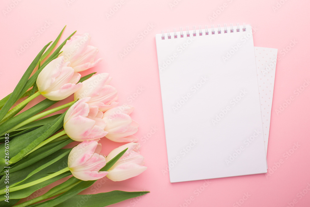 Notebook and spring flower pink tulips on the pink background with copyspace. Theme of love, mother's day, women's day flat lay Notebook and spring flower pink tulips on the pink background with copyspace. Theme of love, mother's day, women's day flat lay