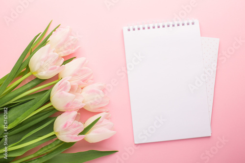 Notebook and spring flower pink tulips on the pink background with copyspace. Theme of love, mother's day, women's day flat lay © KatrinaEra