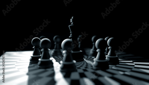 3D illustration of pawn chess pieces around the king