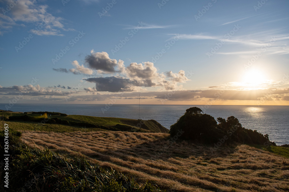 Golden sunset with yellow grassland and pacific ocean behind