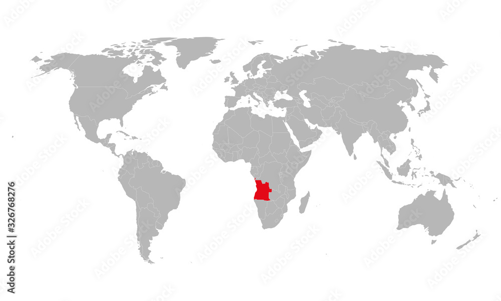 Angola highlighted red on world map. African country. Perfect for business concepts, backgrounds, backdrop, poster, chart, banner, label, sticker and wallpapers. Angola highlighted red on world map. African country. Perfect for business concepts, backgrounds, backdrop, poster, chart, banner, label, sticker and wallpapers.