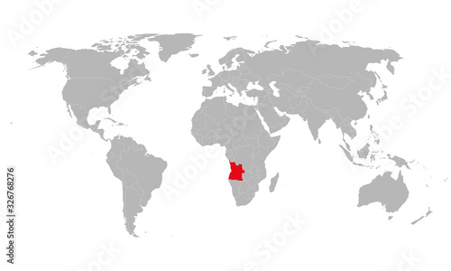 Angola highlighted red on world map. African country. Perfect for business concepts, backgrounds, backdrop, poster, chart, banner, label, sticker and wallpapers.