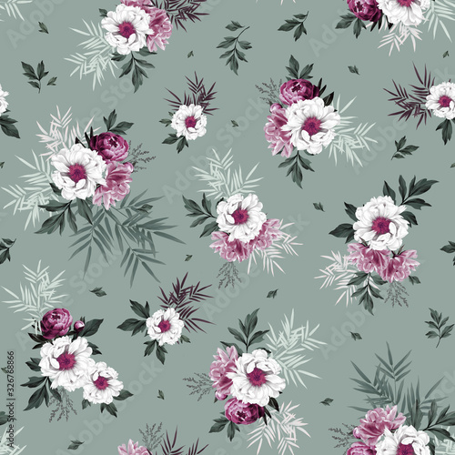 Seamless elegant pattern with peonies, bamboo, branches for surface design