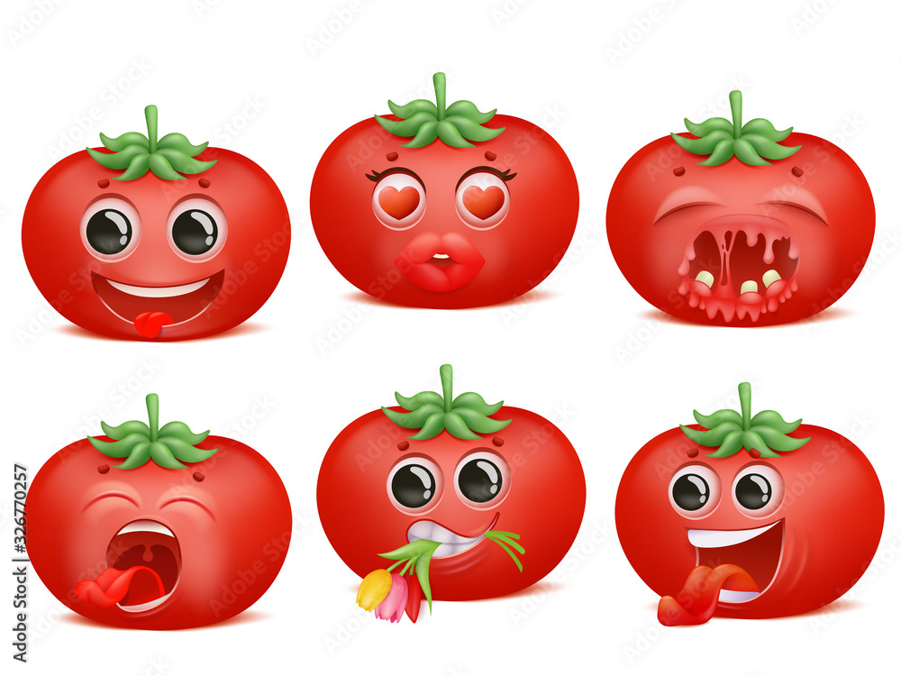 Tomato emoji cartoon character set. Various emotions. Funny, love
