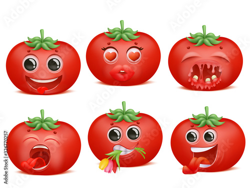 Tomato emoji cartoon character set. Various emotions. Funny, love, romantic, pain