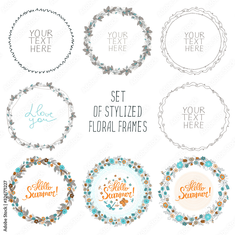 Vector image of a collection of round ornate frames with place for text with different floral and geometric patterns on a white background.