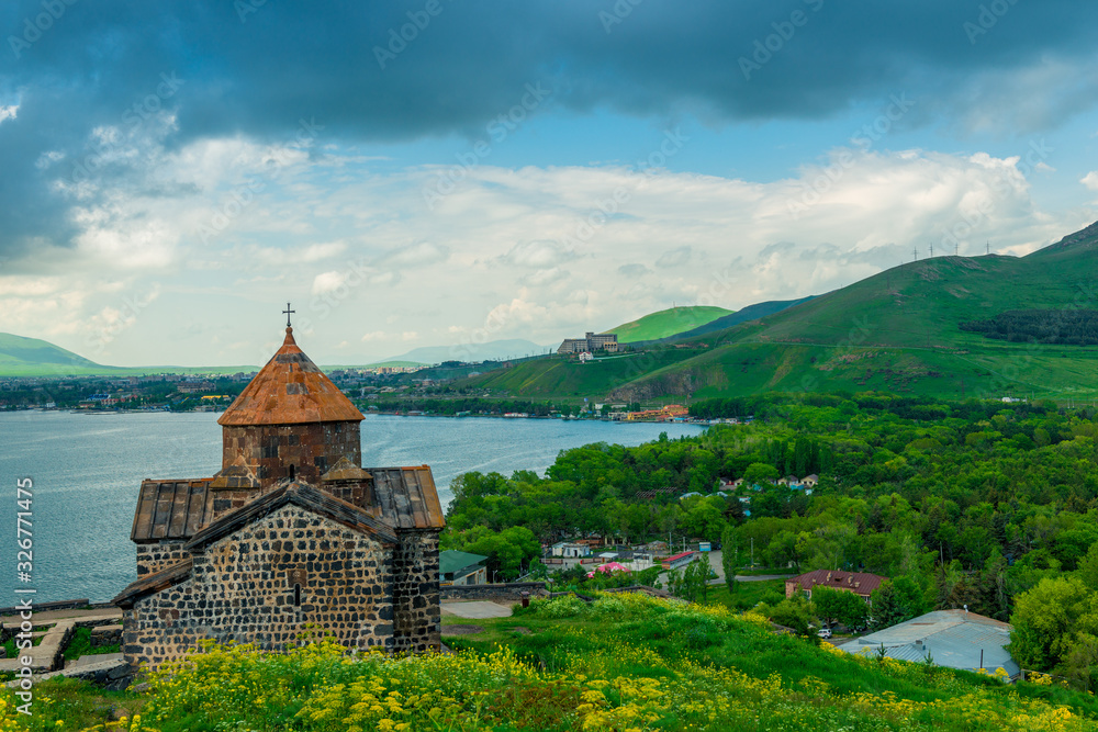 Tourist site of Armenia Sevanavank Monastery on the shore of Lake Sevan