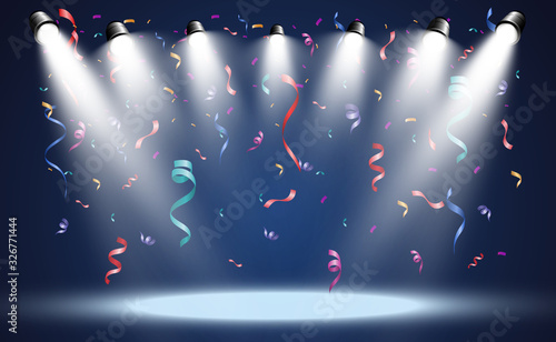  White stage with spotlights. Vector illustration of a light with sparkles and confetti on a transparent background.