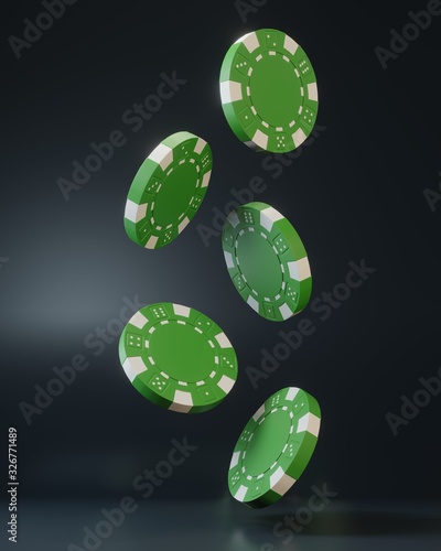 Casino chips falling on black background. Casino game 3D chips. Online casino banner. Green chip. Gambling concept. 3D rendering illustration