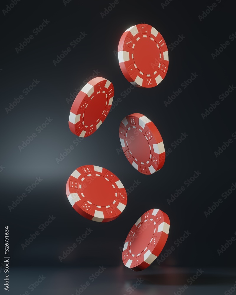 Casino chips falling on black background. Casino game 3D chips. Online casino banner. Red chip. Gambling concept. 3D rendering illustration Casino chips falling on black background. Casino game 3D chips. Online casino banner. Red chip. Gambling concept. 3D rendering illustration