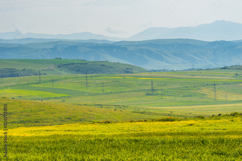 Scenic view of green fields and meadows and mountains of Armenia, landscape in summer