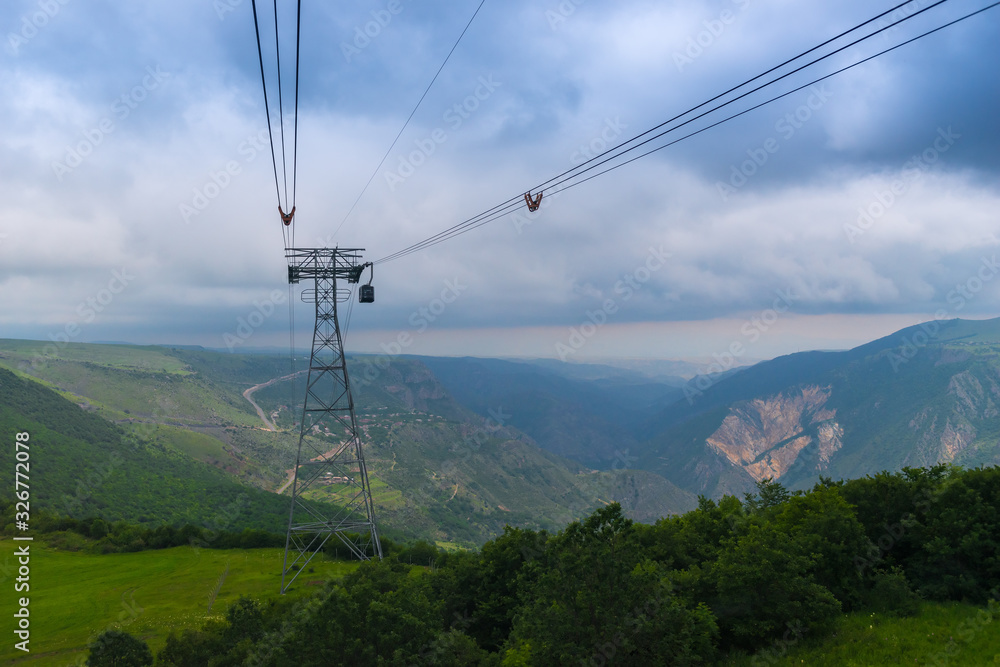 Cableway pylon in the mountains of Armenia near Tatev Monastery