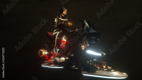 Pilot and a jet motorcycle on the mirror surface. photo