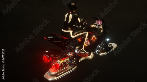 Pilot and a jet motorcycle on the mirror surface. photo