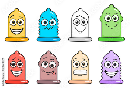 Vector condom characters emoji set