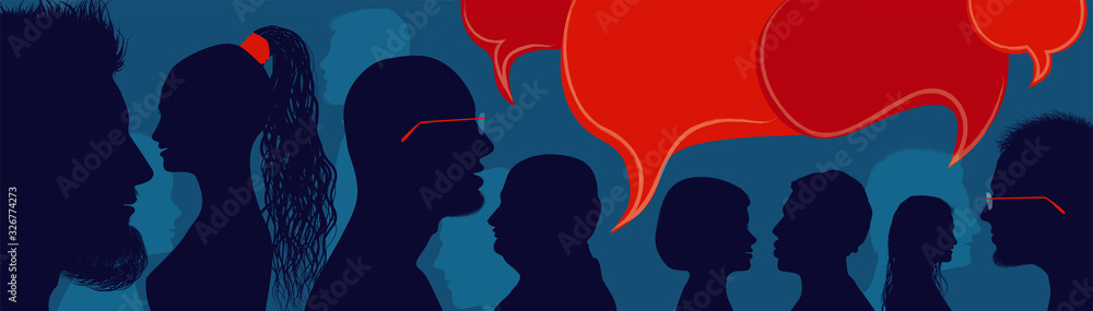 Diversity people.Speech bubble. Crowd talking and inform.Communicate between a group of multiethnic and multicultural people who talk and share ideas. Profile silhouette. Socialize.Blue