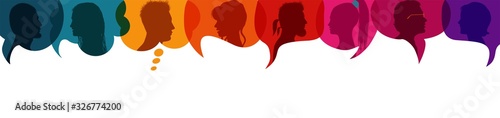 Crowd talking and inform.Diversity people.Speech bubble.Communicate between a group of multiethnic and multicultural people who talk and share ideas.Silhouette heads profile.Socialize