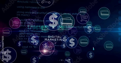 Digital marketing, online shopping, internet business, cyber shop and ecommerce symbols 3d rendering abstract concept animation. Cyber icons loopable seamless futuristic digital background.