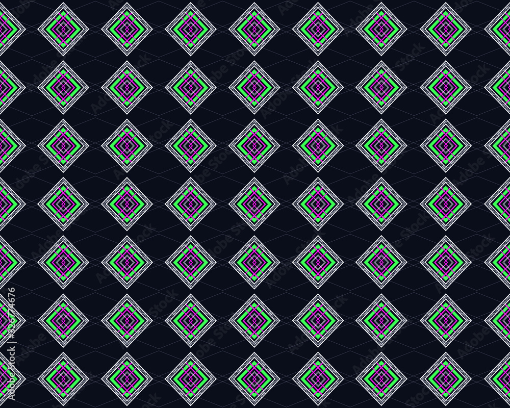 Geometric ethnic seamless pattern traditional design on dark navy background. Oriental multi-color geometry abstract with pink, green, white, line for wallpaper, handcraft, carpet, fabric, wrapping.
