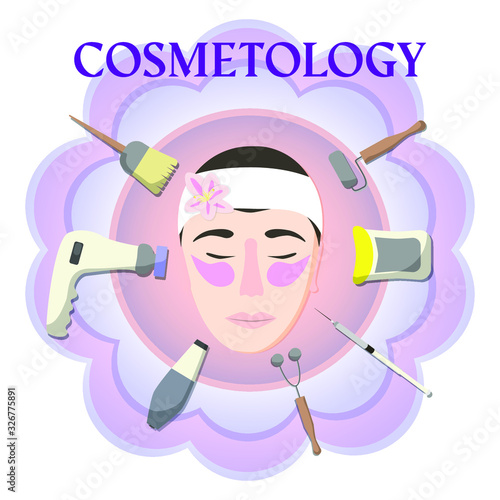 Instruments for a cosmetologist who make face care, drawing in flat style, concept cosmetology. Vector illustration, template design for posters, flyers, cards or vouchers.