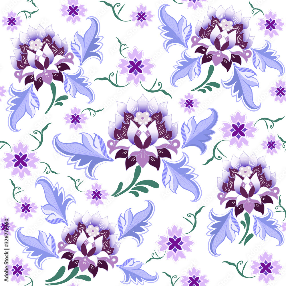  Floral motifs in the style of arts and crafts. Seamless pattern. Template for the design of print, fabric, wallpaper and box.