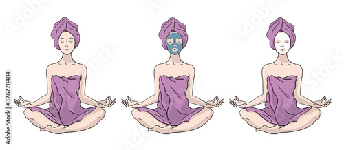 Illustration of a young beautiful girl with closed eyes sitting in a lotos pose in bath towel with cosmetic mask on her face.  Set of illustrations isolated on white background