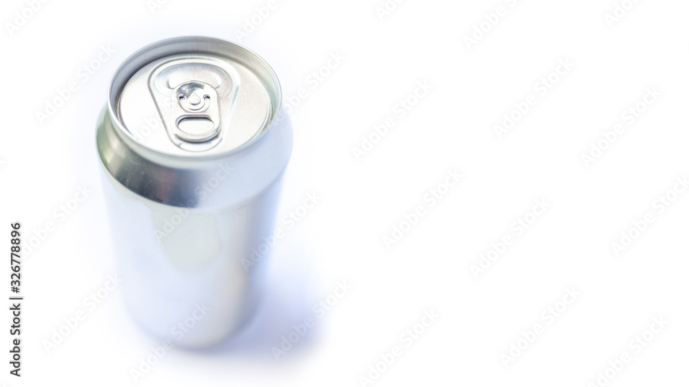 Close up of silver aluminum can isolated on white background, selective focus and unpainted. Concept of drinks, industry, soda, beer, model, manufactures, recycling and object.