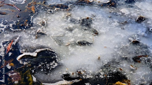 Ice on water stylish contrasting water background with pieces of ice and debris during the thaw