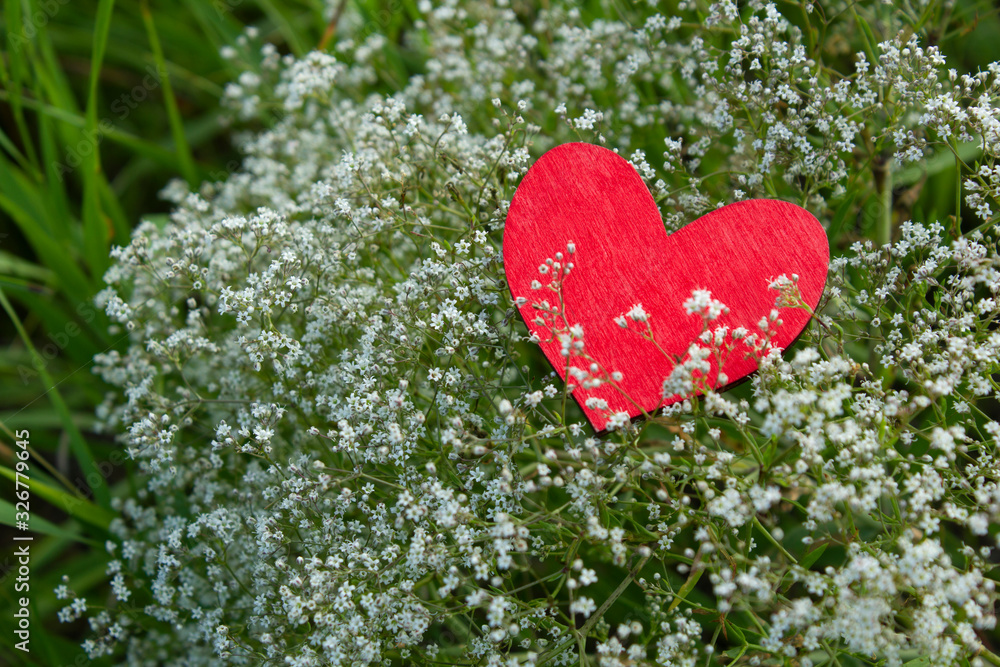 Creative layout with delicate white flowers and red heart Anniversary concept card Creative layout with delicate white flowers and red heart Anniversary concept card