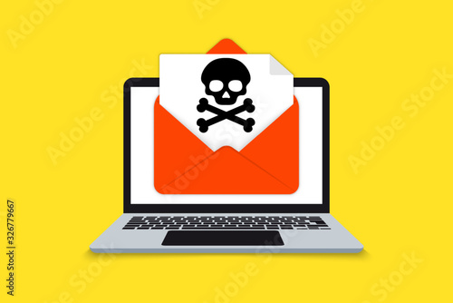Alert notification on laptop computer, malware concept, a virus, spam, malicious application or hacking a laptop. Malware notification. Warning virus alert alarm on screen. Envelope malware message