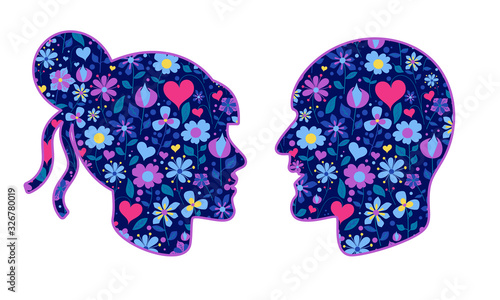 Romantic couple head silhouette double exposure love, spring, concept.  Floral pattern. Vector illustration.